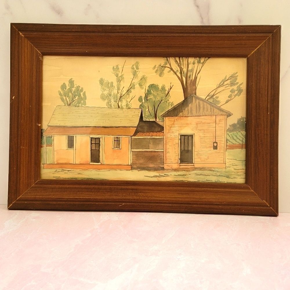 Vintage minimalist farmhouse country watercolor artwork New Mexico Ranch house